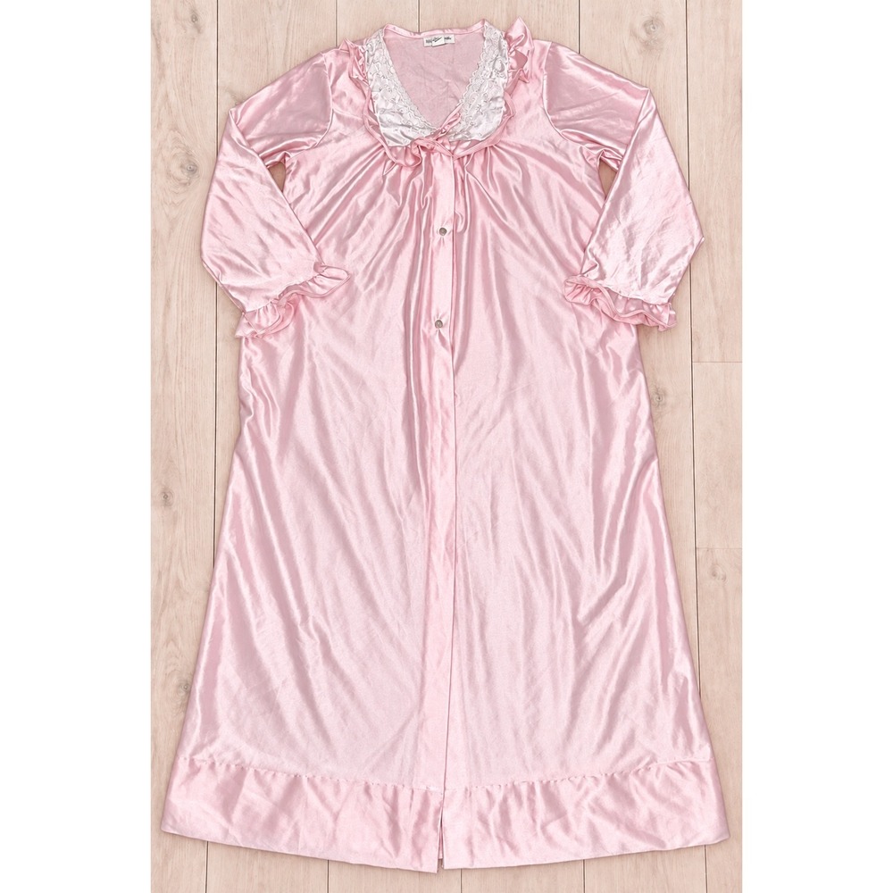 Vintage Night Moves Nightgown Lace Trim Ruffle Long Sleeve Pink Satin Medium